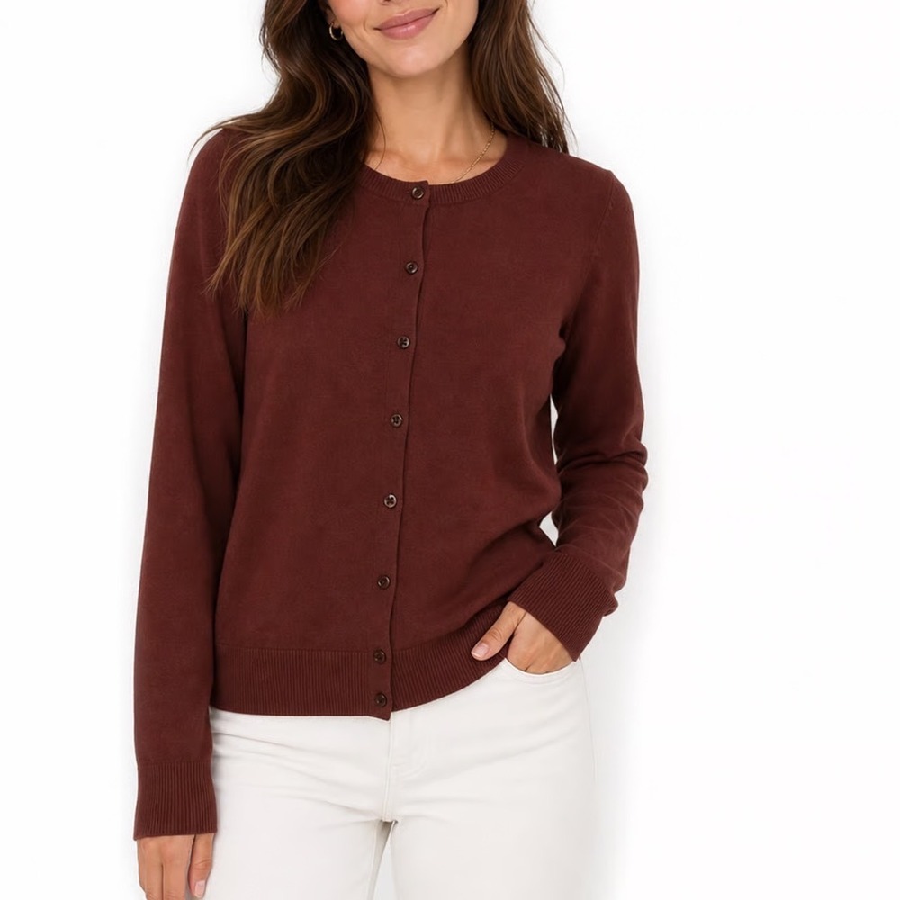 Amazon Essentials Womens Crewneck Cardigan Sweater Mahogany Brown Size M